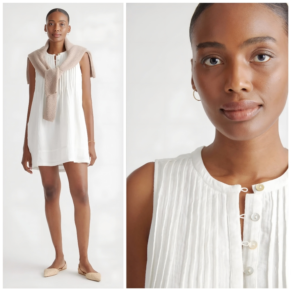 Quince White Sleeveless Pleated Shift Dress 100% cotton